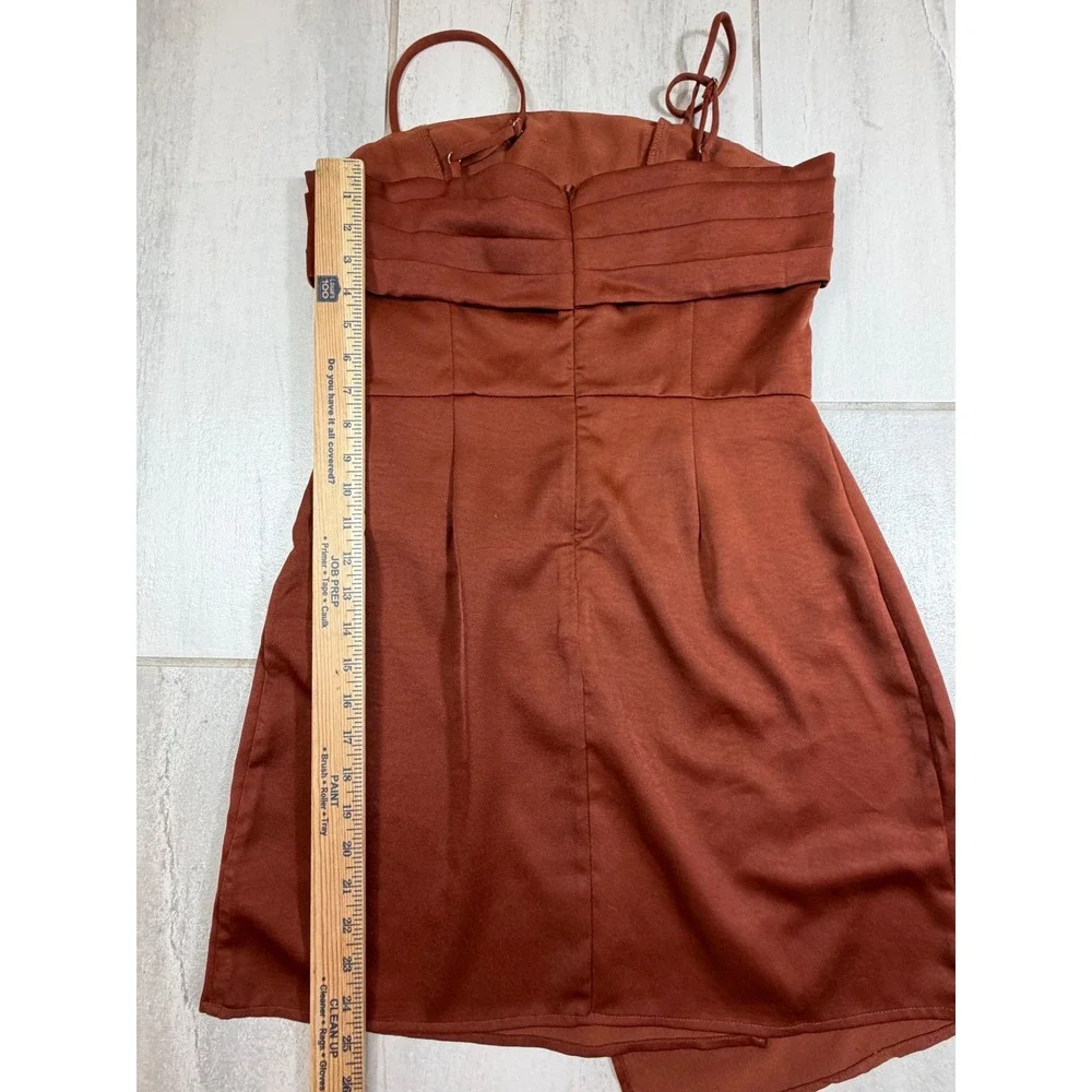 Sadie & Sage Luxe Rust Brown Satin Pleated Wrap Tulip Hem Mini Dress